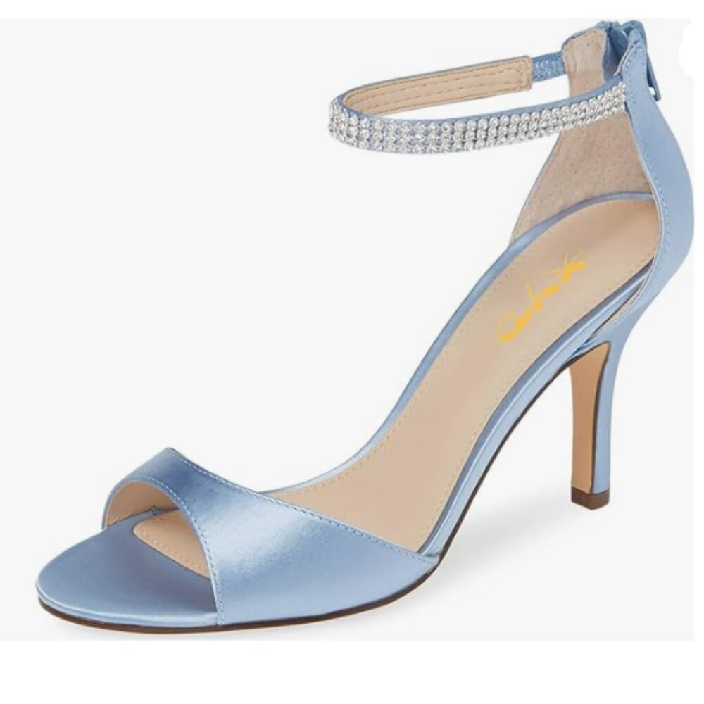 XYD Light Blue Open Toe Rhinestones Ankle Strap Sandals Mid Heel Bridal Pump